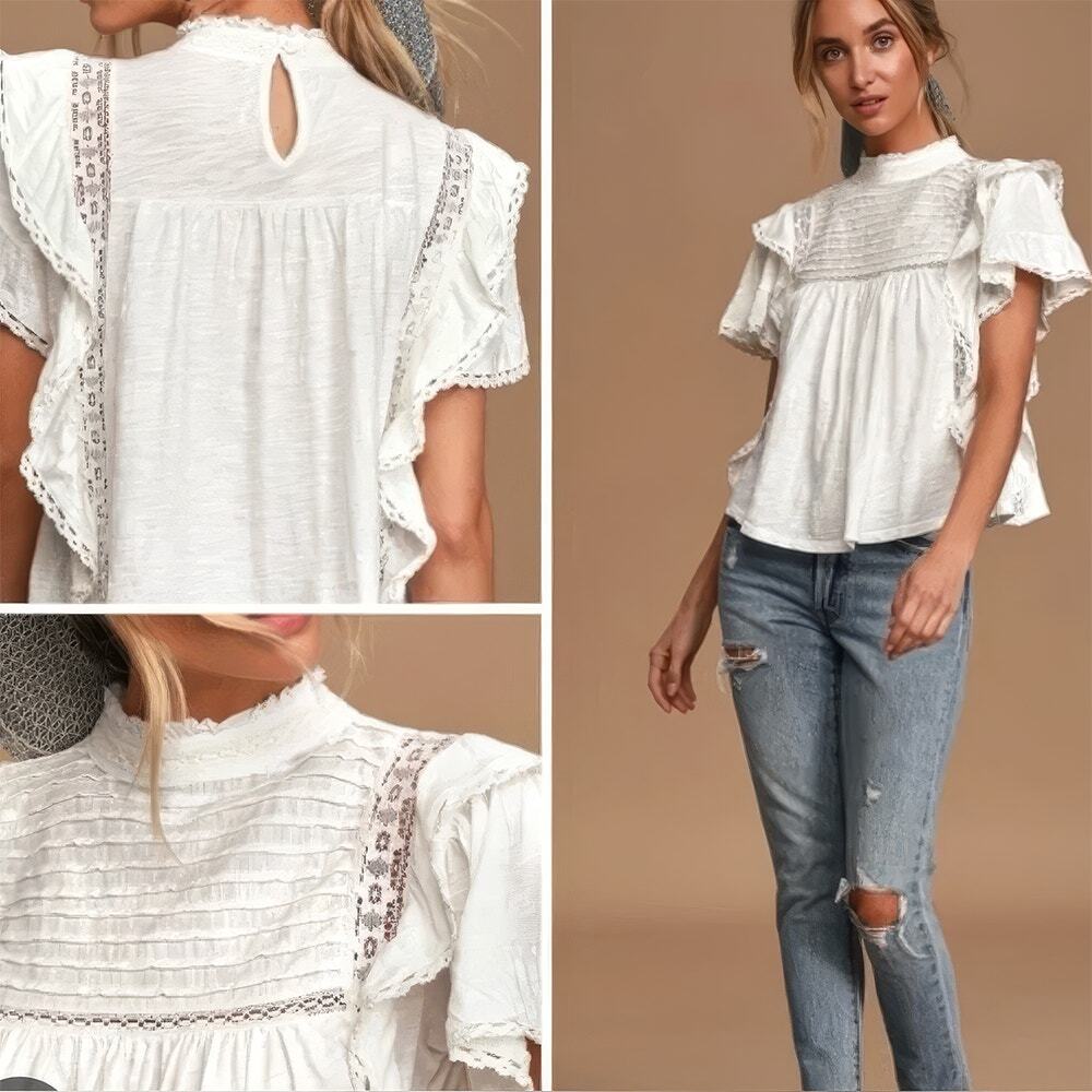 Free People Le Femme Ivory Ruffled Short Sleeve Tee - S - New